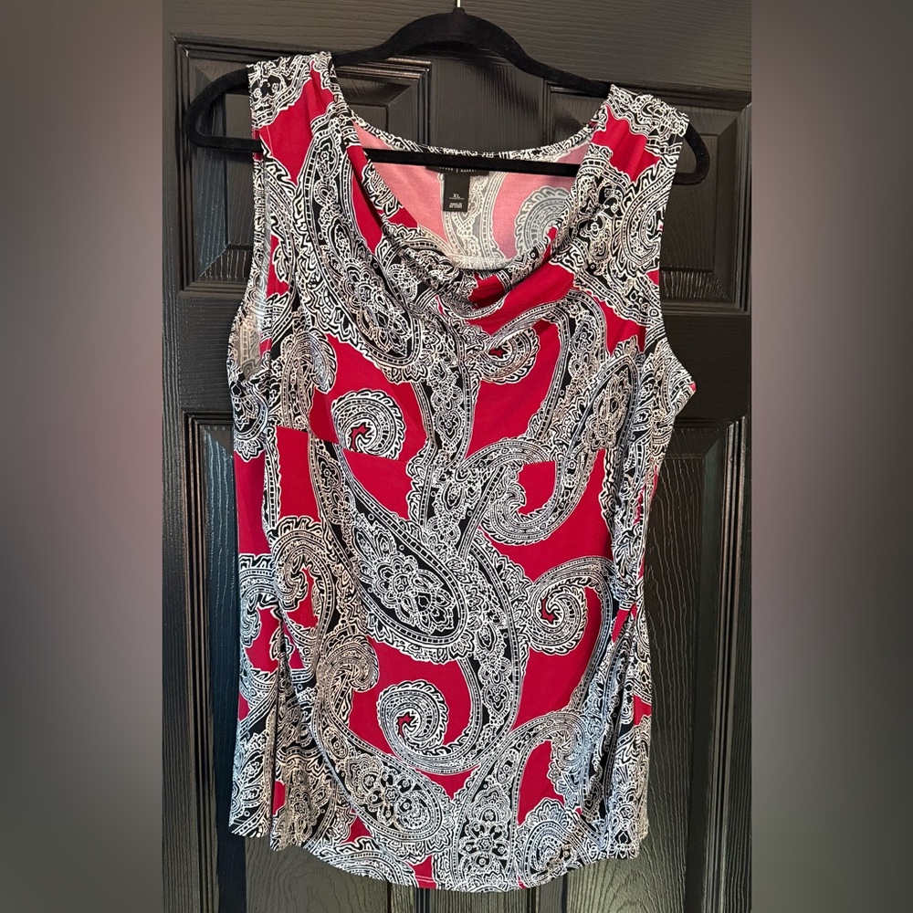 White House Black Market Red and Black Paisley Cowl Neck Blouse